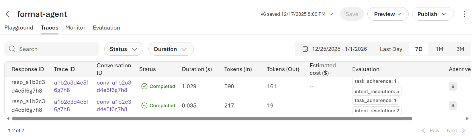 Screenshot of the traces associated with one agent.
