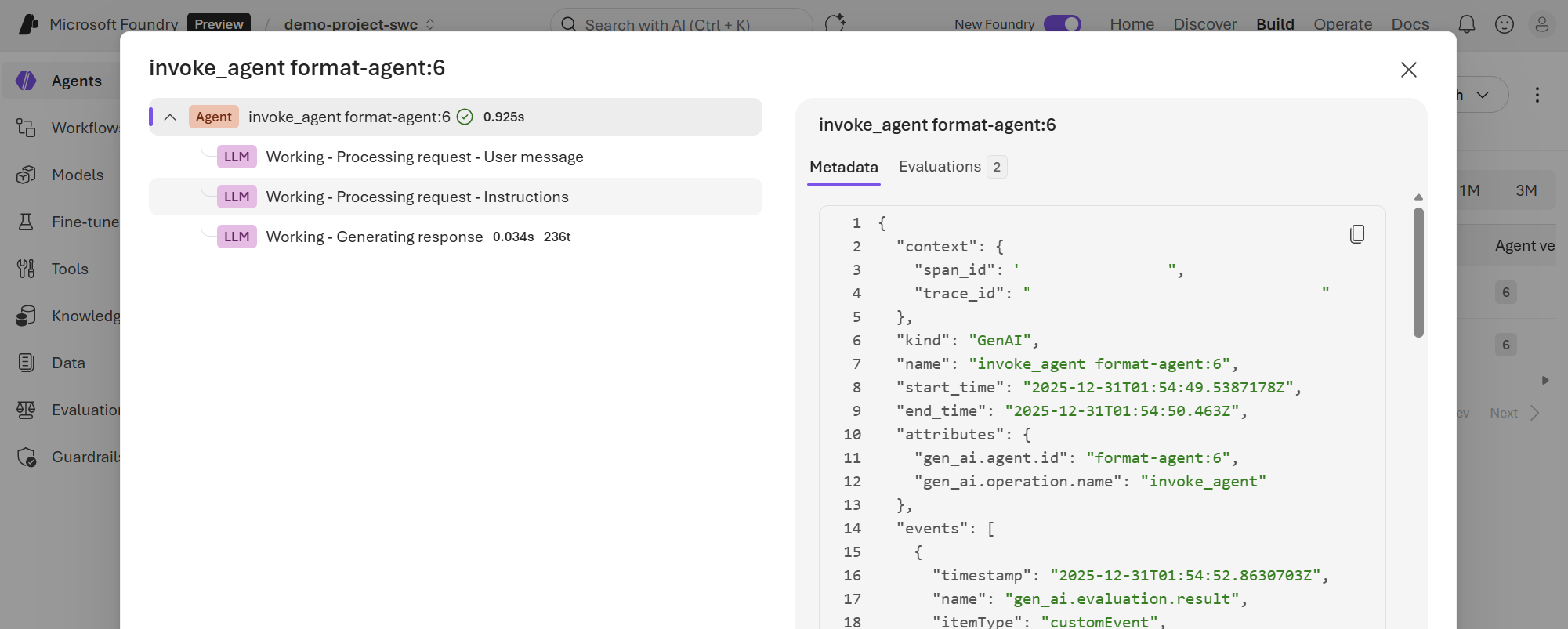 Screenshot of a single trace with LLM calls.