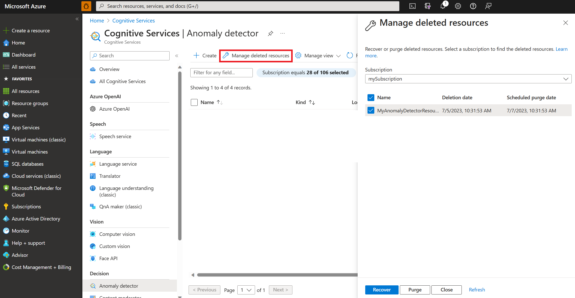 A screenshot showing deleted resources you can recover.