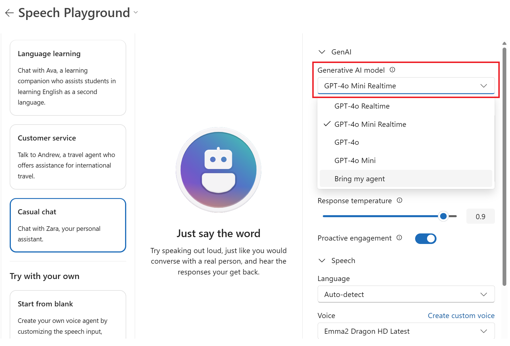 Screenshot of the casual chat example scenario in the Speech playground.