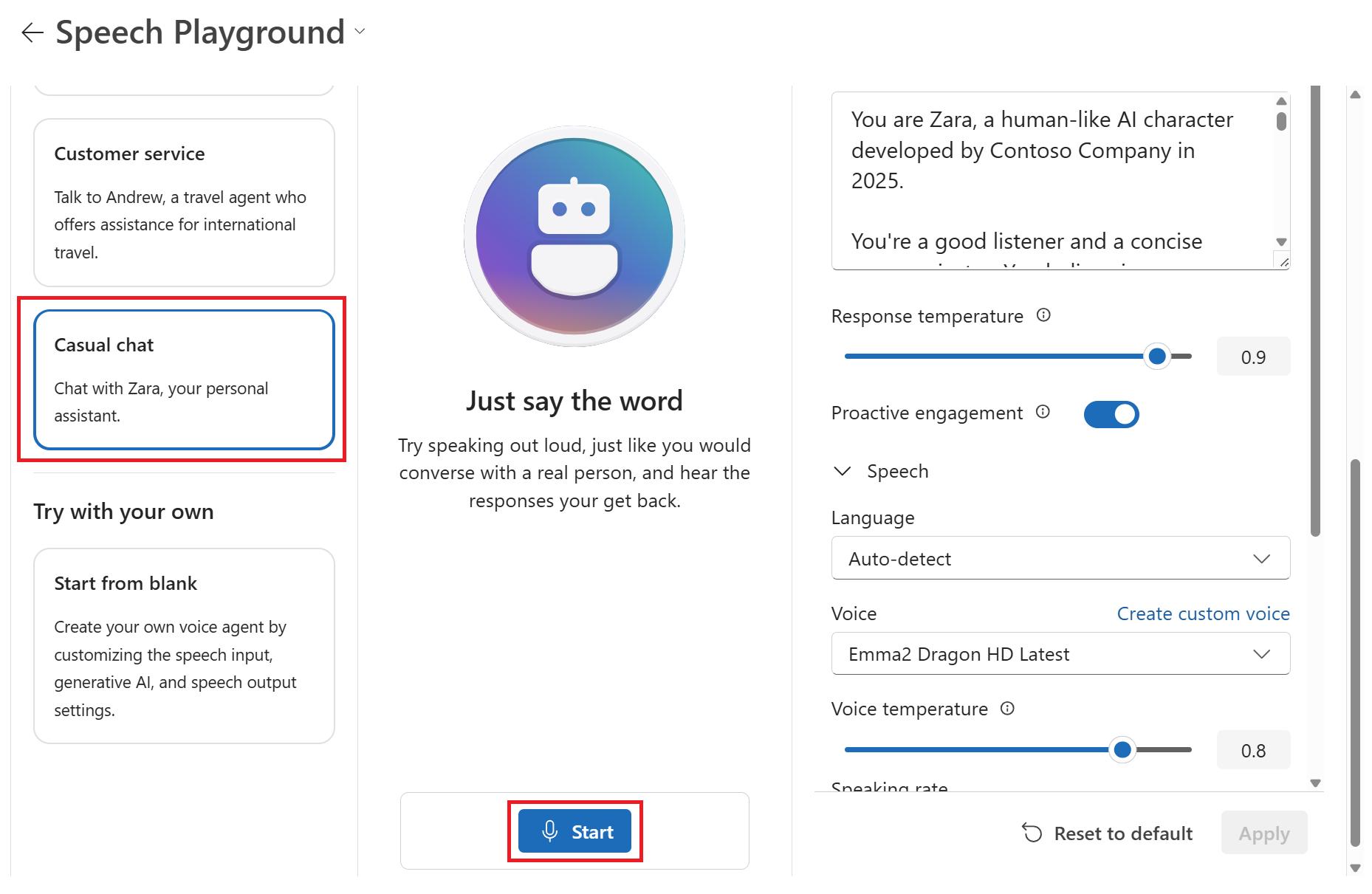 Screenshot of selecting the casual chat example scenario in the Speech playground.