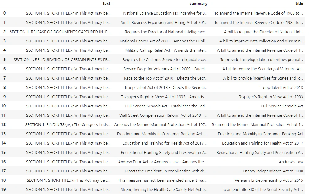 Screenshot of the smaller DataFrame table results with only text, summary, and title columns displayed.