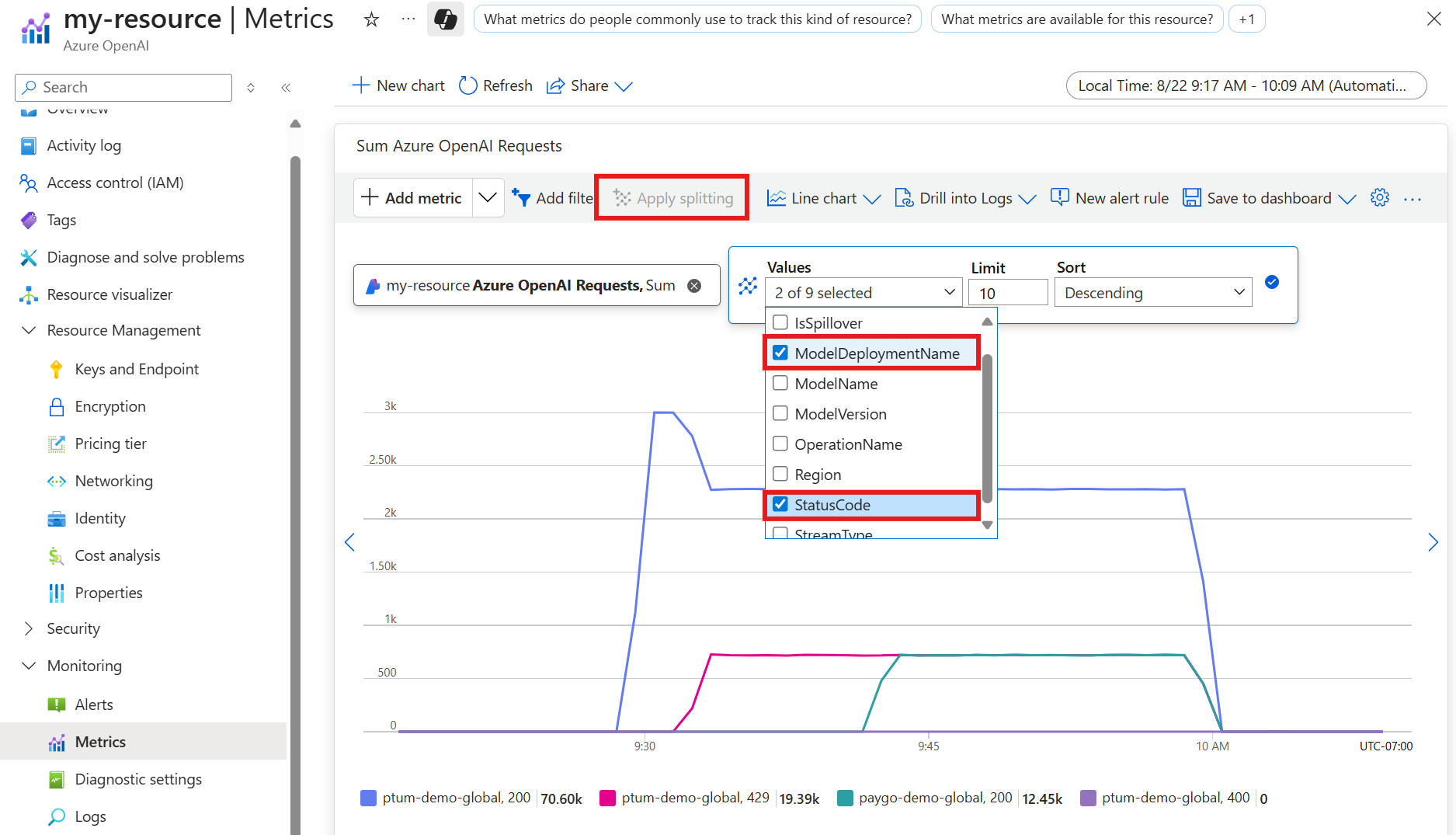 A screenshot showing the menu for adding splits in the Azure portal.