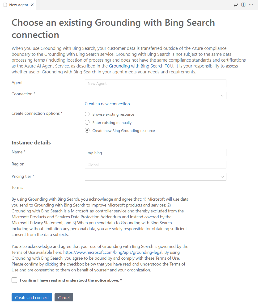 Screenshot of the pane for the Grounding with Bing search tool.