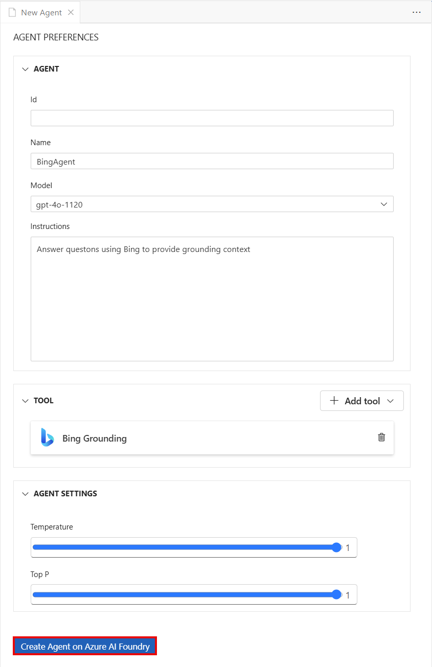 Screenshot of the agent designer with the button for creating an agent on Foundry highlighted.