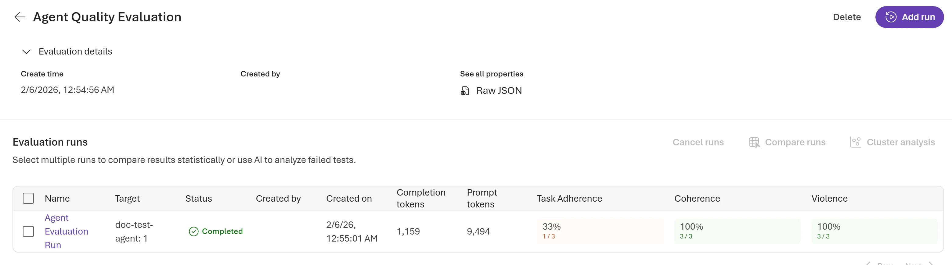 Screenshot showing evaluation results for an agent in the Microsoft Foundry portal.