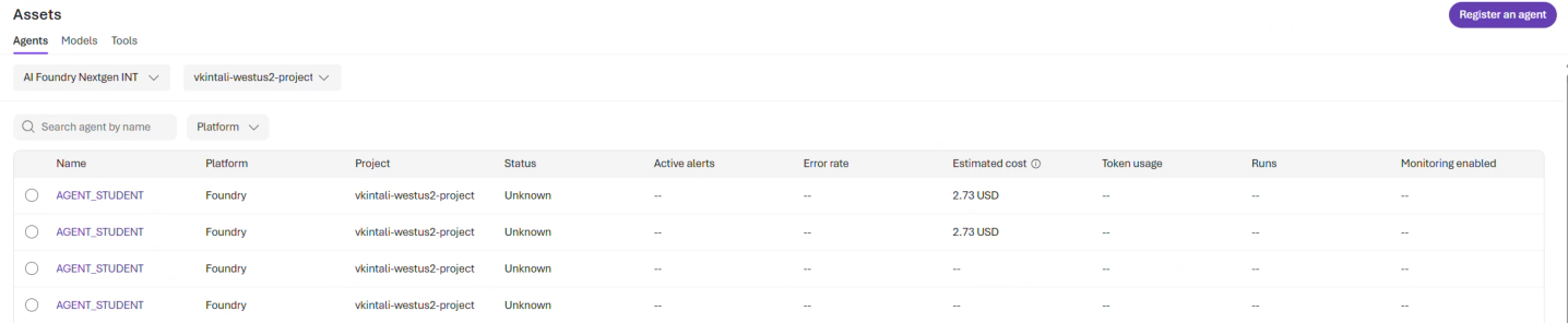 Screenshot of the Agents tab showing a list of agents with columns for Name, Status, and Estimated costs. The Estimated costs column displays monthly values.