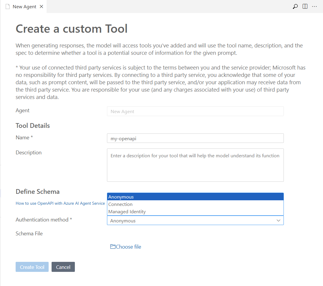 Screenshot of the pane for the OpenAPI 3.0 specified tools.