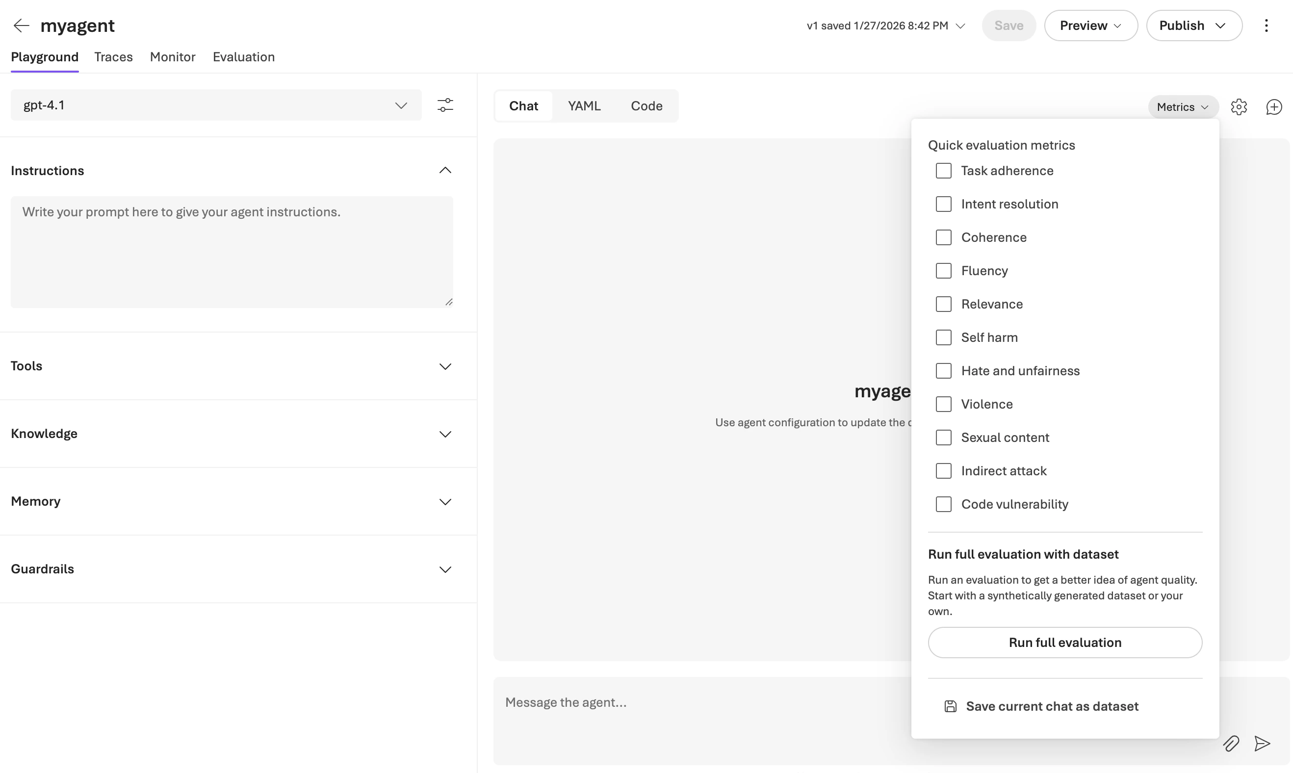 Screenshot of the Foundry portal showing agents playground with the metrics selected.