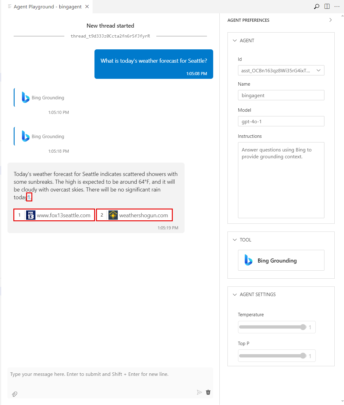 Screenshot of the Agent Playground pane with agent annotations highlighted in VS Code.