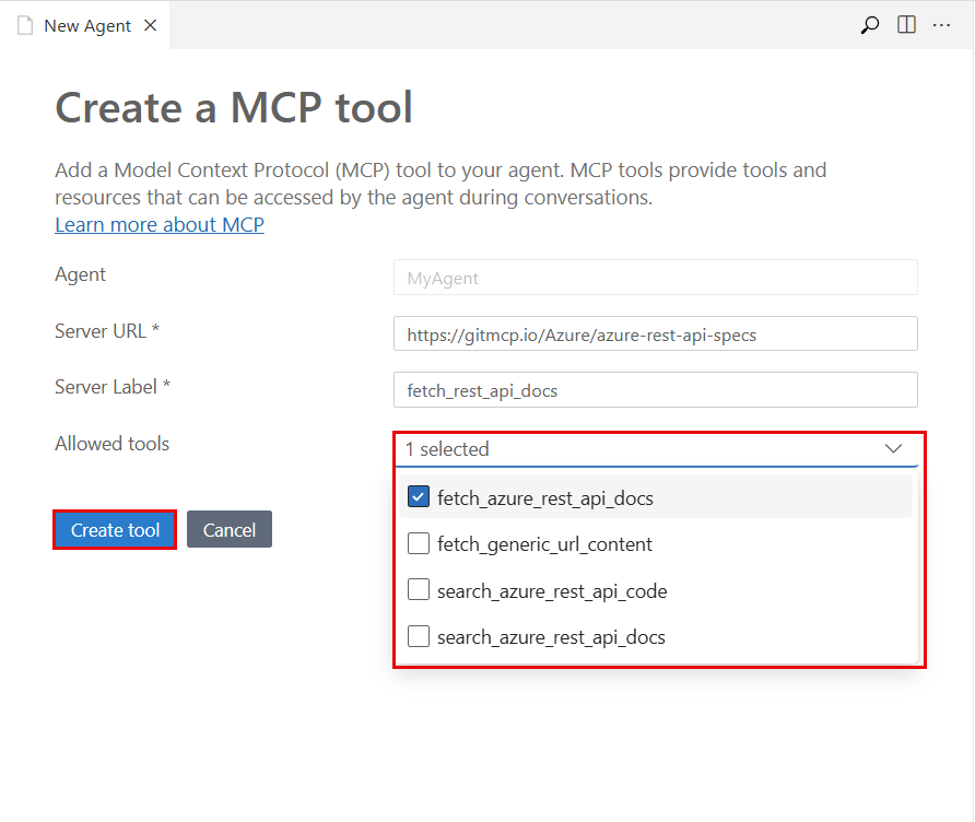 Screenshot of the list of allowed tools in the dialog for creating an MCP tool.