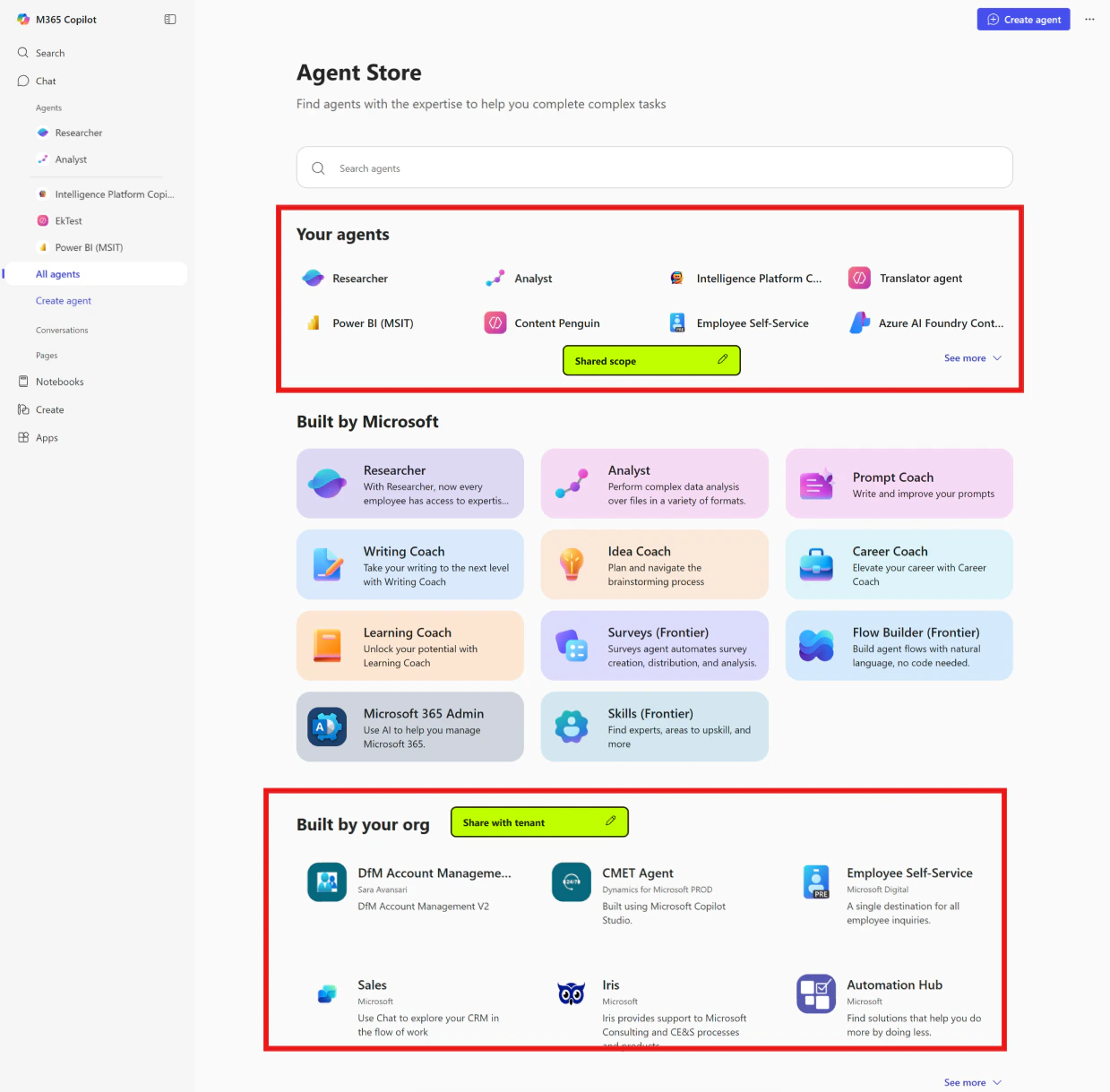 A screenshot of the Agent store in Microsoft 365 Copilot.