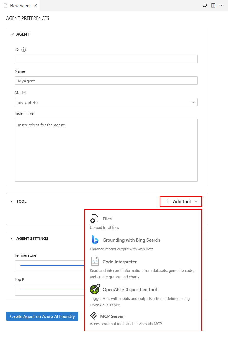 Screenshot of selections in the agent designer for adding a tool.