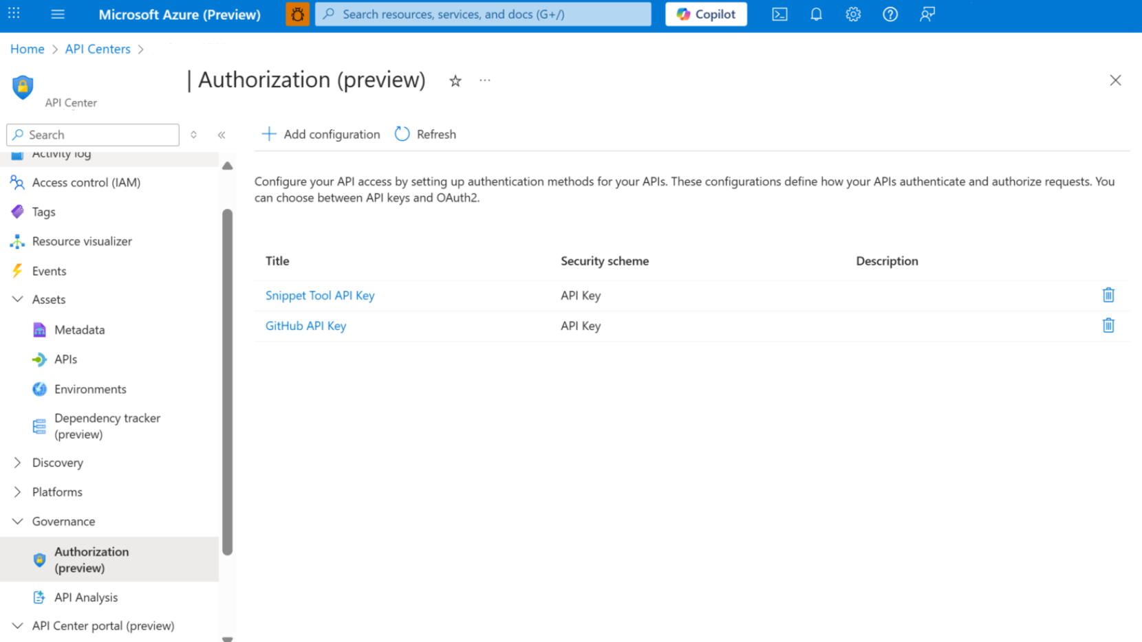 Screenshot that shows the Governance menu expanded with the Authorization option selected in Azure API Center.