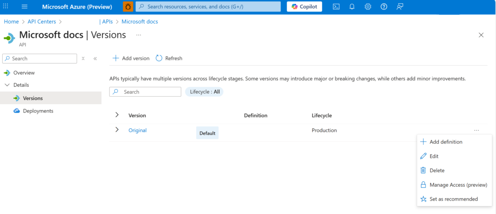 Screenshot that shows the Versions page with the Manage access option for configuring authorization in Azure API Center.