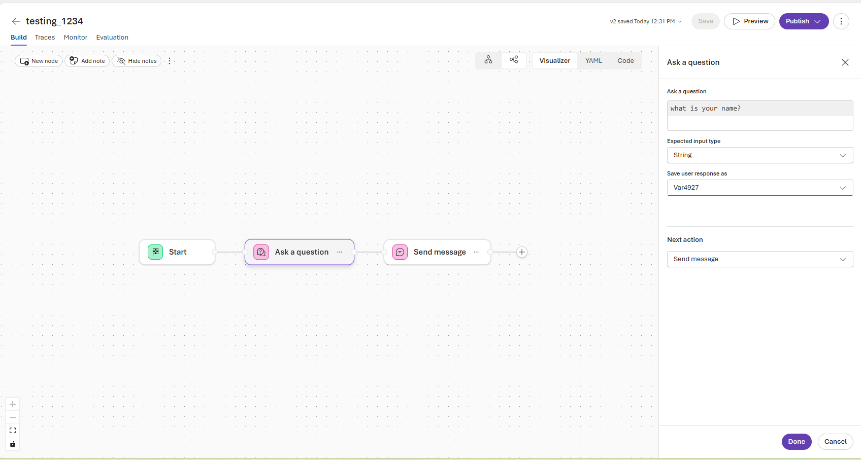Screenshot that shows the configuration of a question for sending a message.