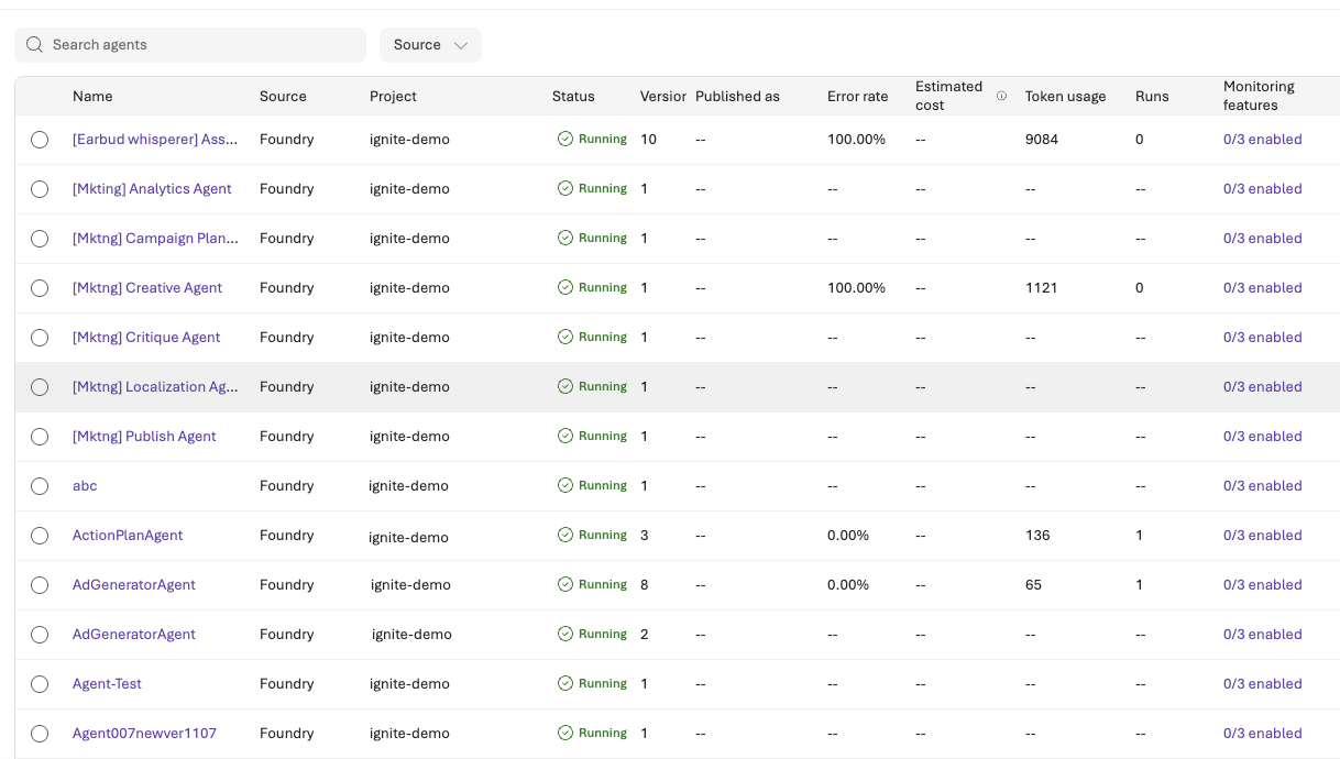Screenshot of an agent inventory table with filters and sort options applied to display metadata and health indicators for AI assets.