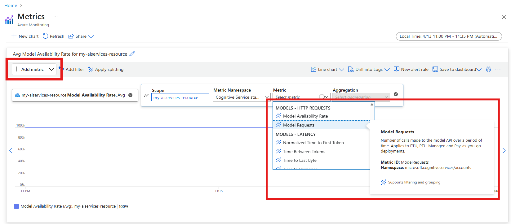 Screenshot showing how to add a new metric to the chart.