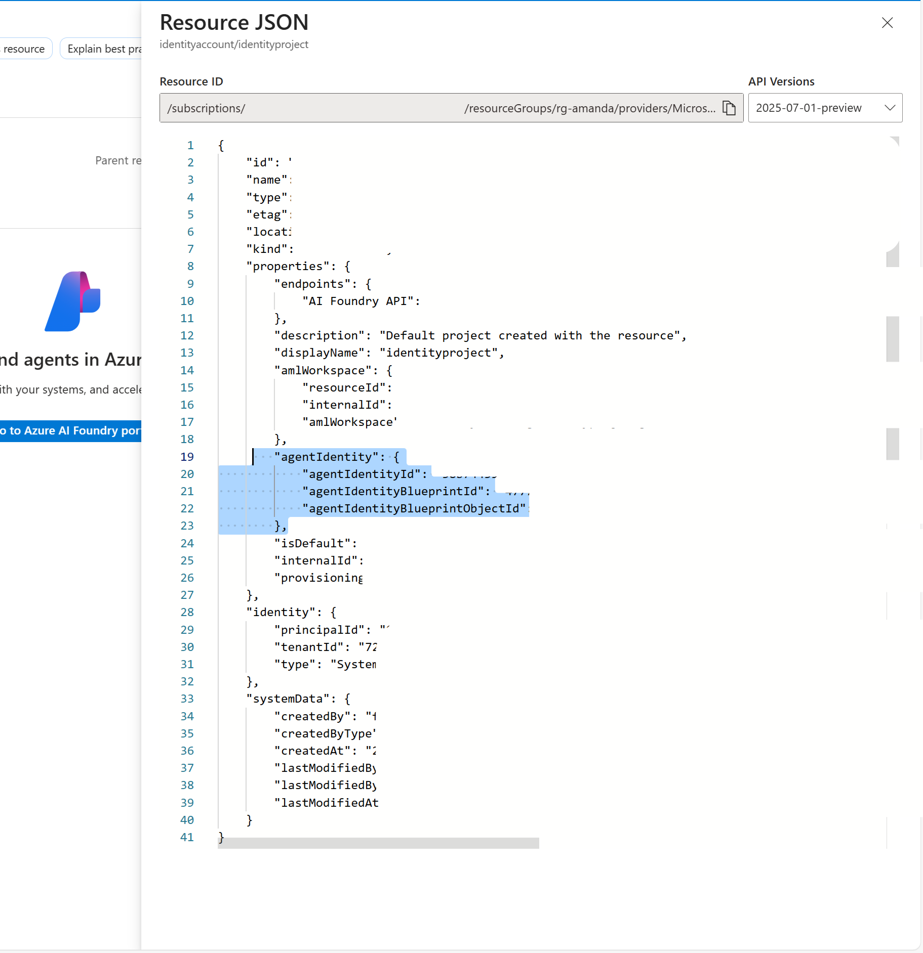Screenshot of the JSON view in the Azure portal displaying an agent identity blueprint and agent identity details for a Foundry project.