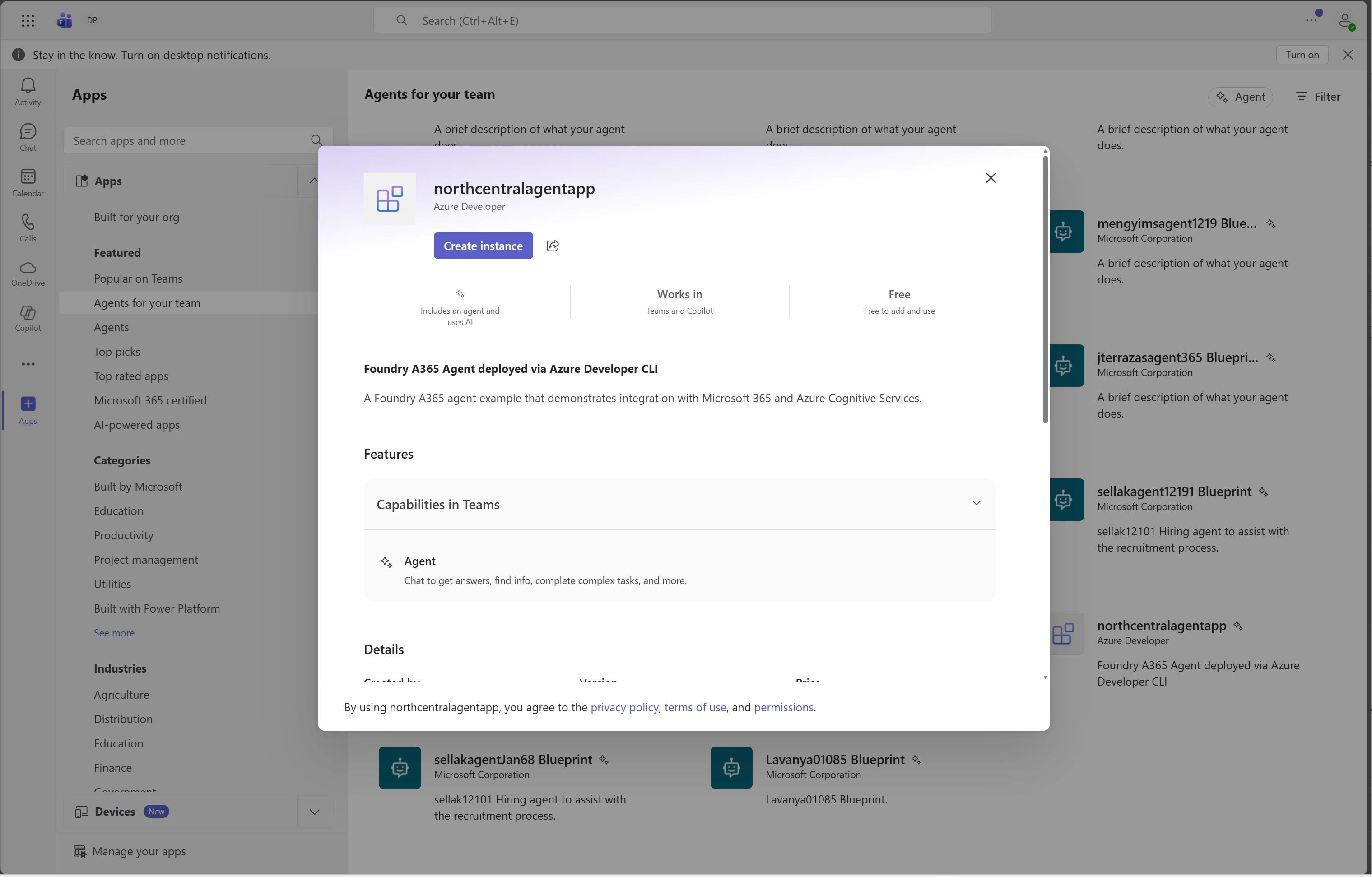 Screenshot of creating an agent instance of an autopilot in Microsoft Teams.