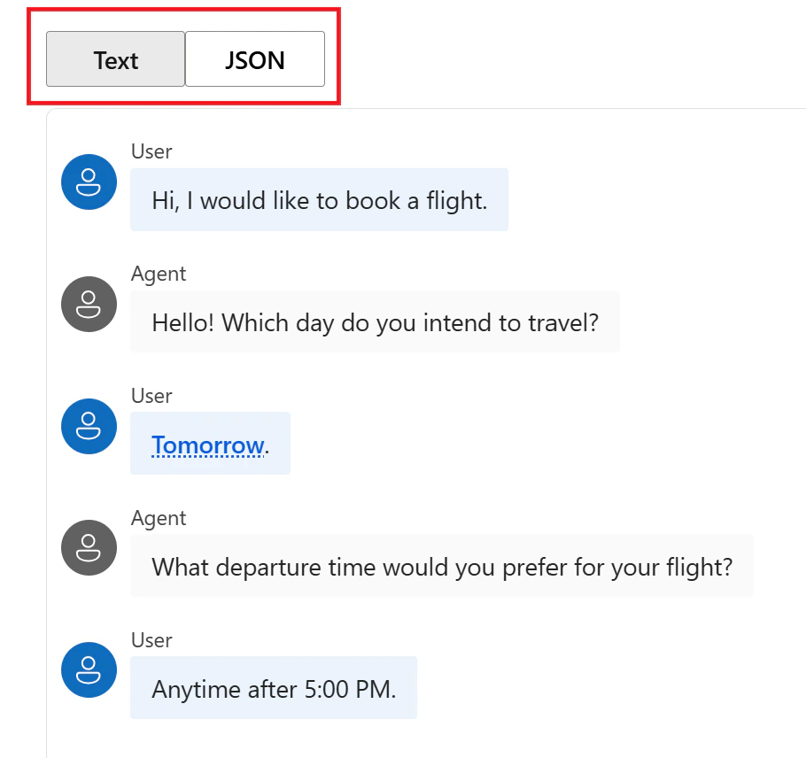 Screenshot of the model response in test and json formats.