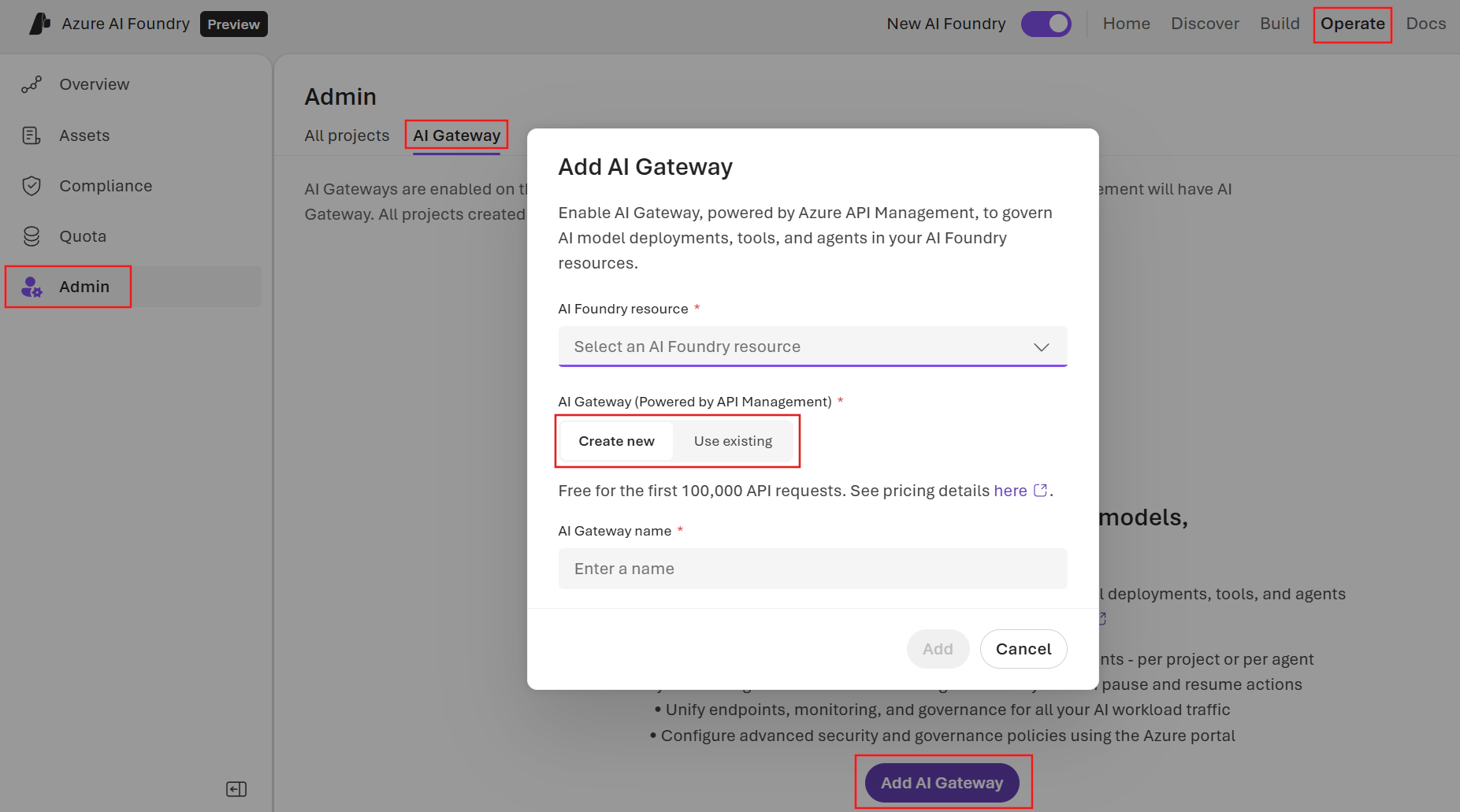 Screenshot of AI Gateway tab in the Admin console showing options to create or select an API Management instance.