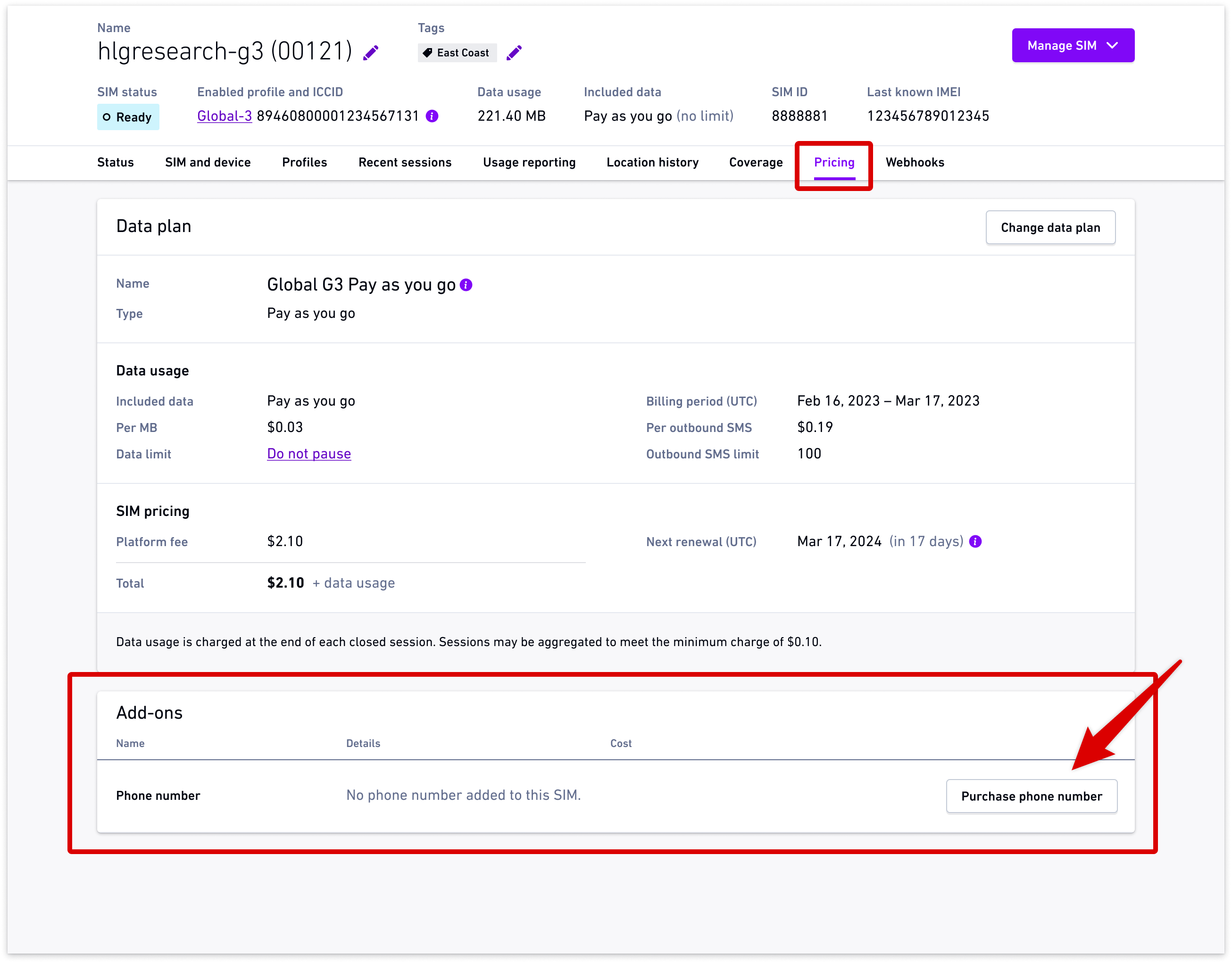 Add-ons card showing Purchase phone number button
