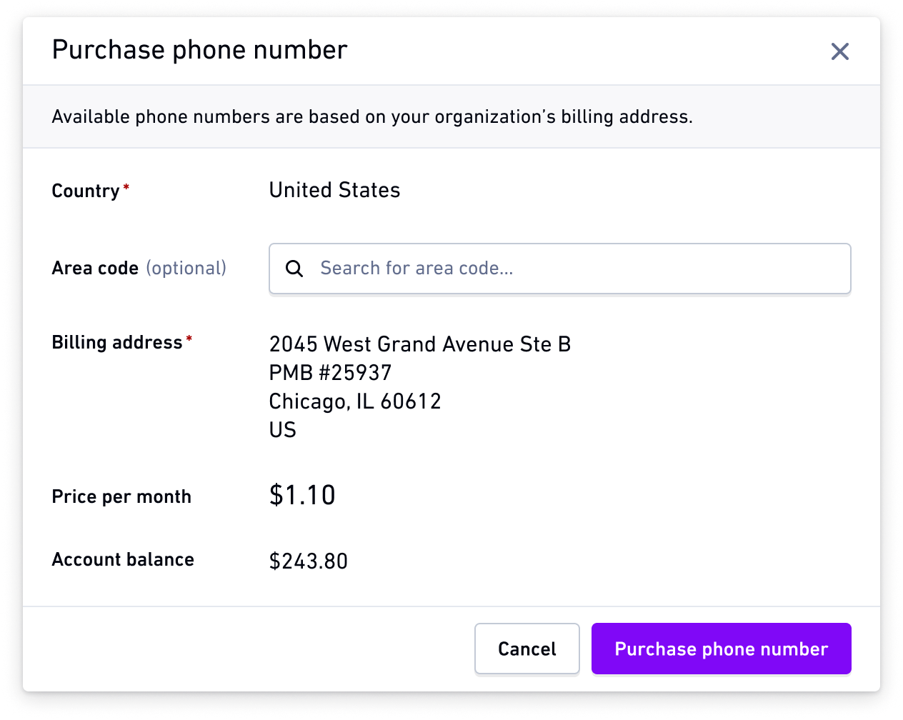 Purchase phone number modal