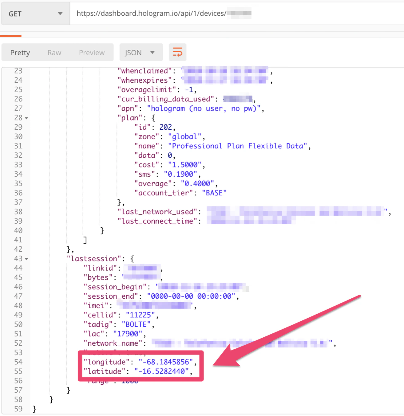 Device details showing last session location
