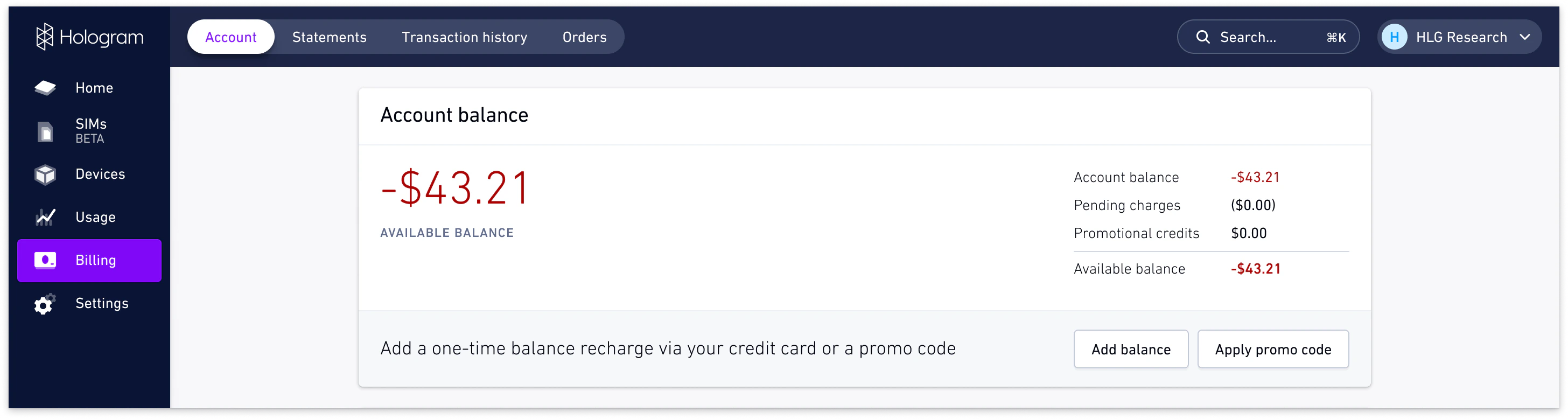 Account balance depleted banner in Dashboard