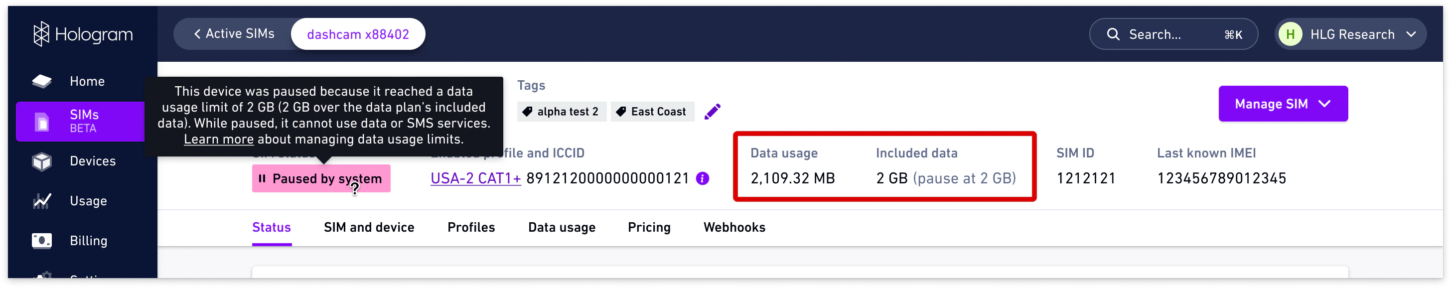 Data usage limit reached banner in Dashboard