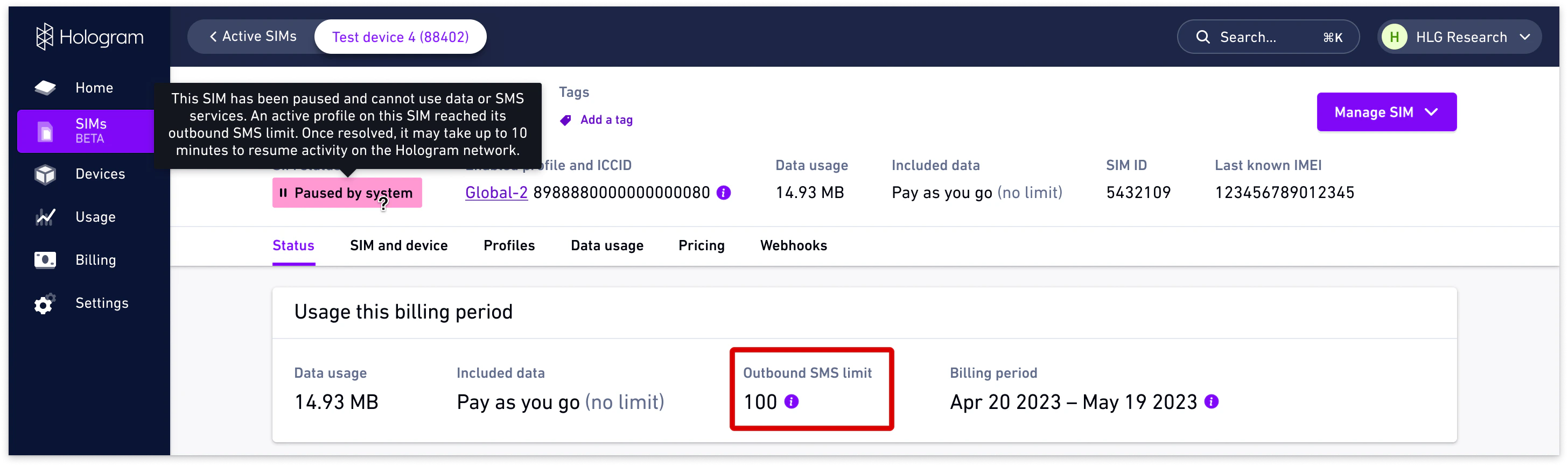 Outbound SMS limit reached banner in Dashboard