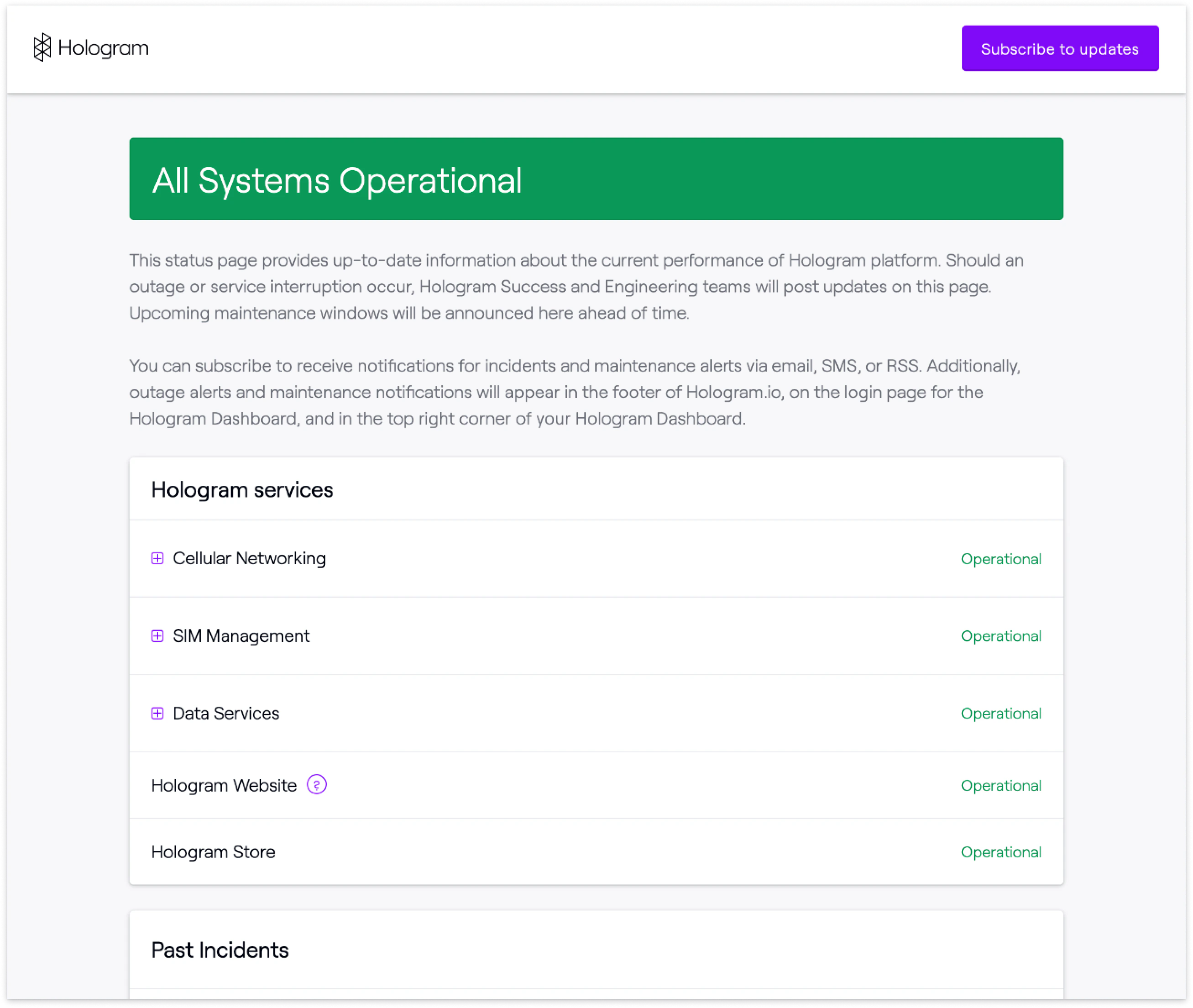 Status page with Subscribe to updates button