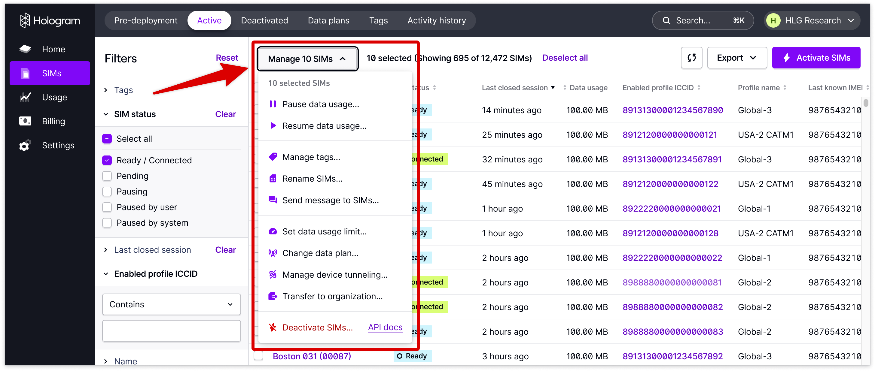 Manage SIMs menu interface