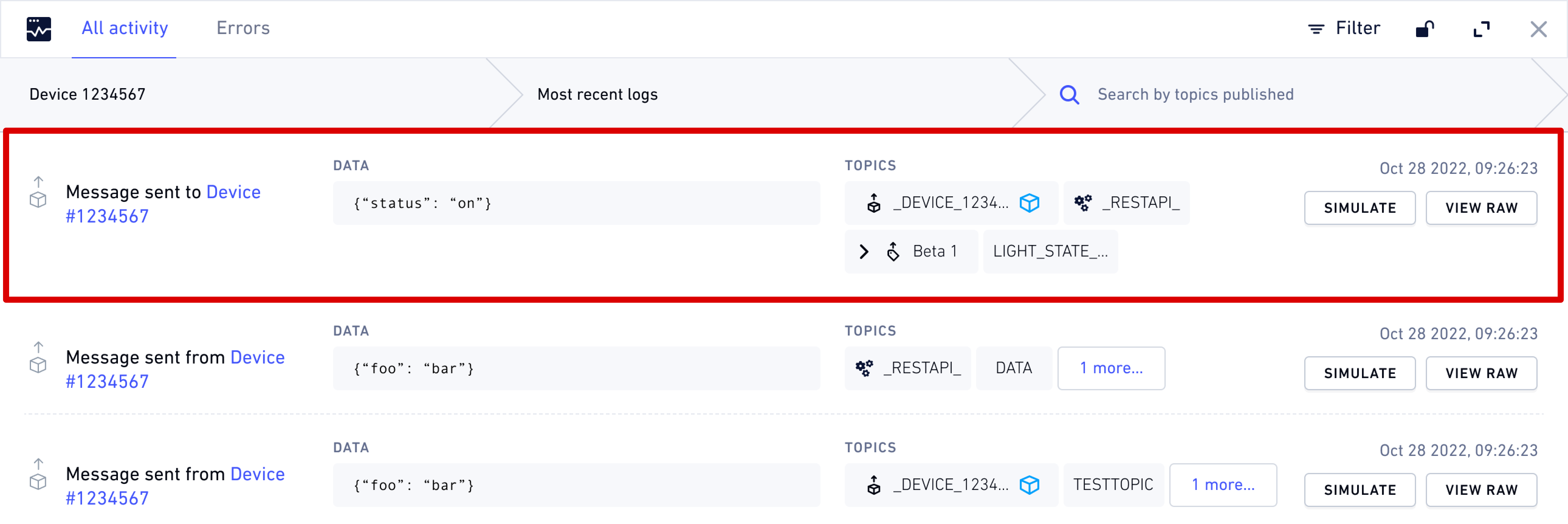 Activity drawer showing simulated message