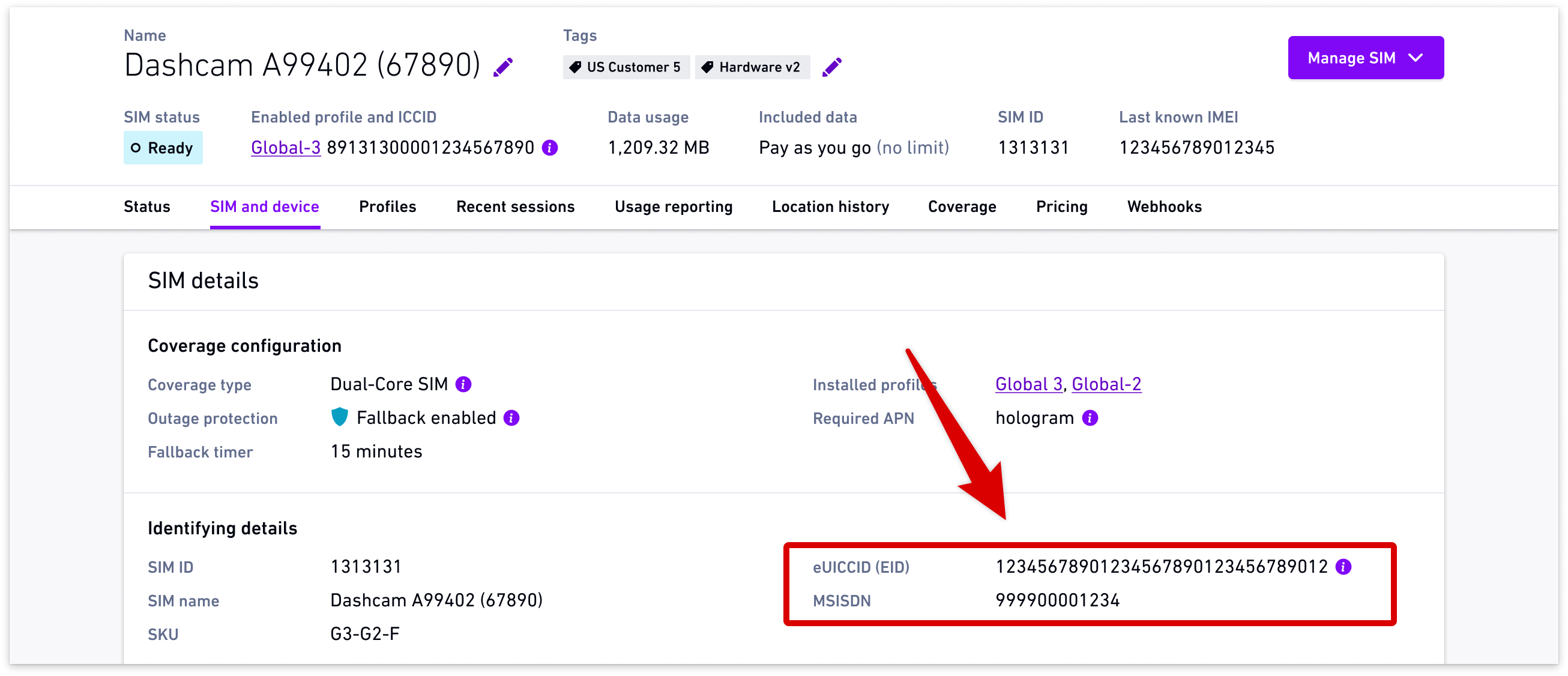 eUICCID in SIM and device tab