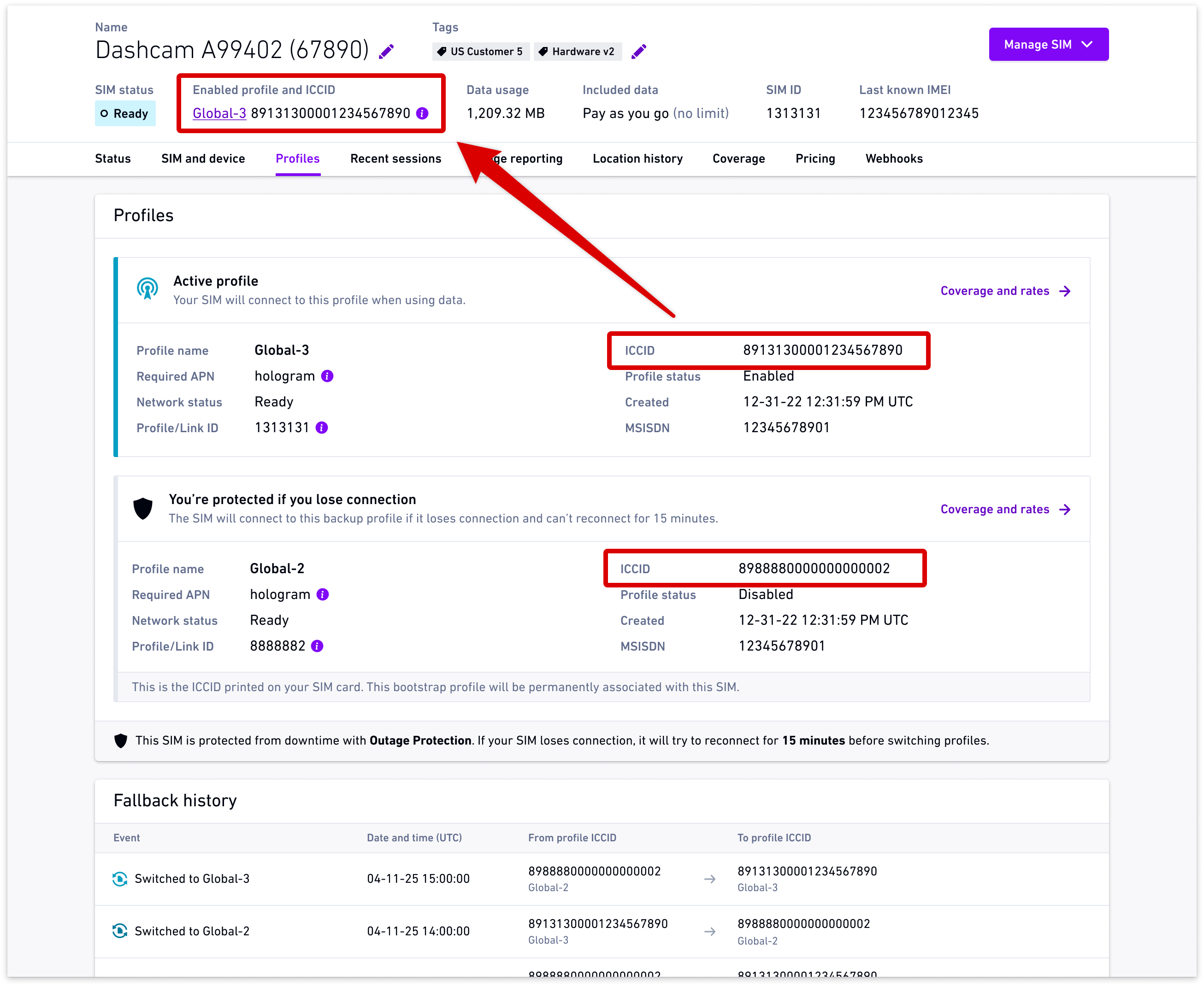 ICCIDs in Profiles tab