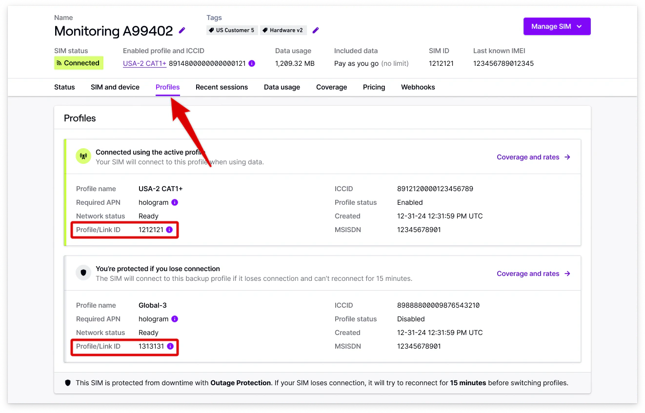 Link ID for profiles in SIM details page
