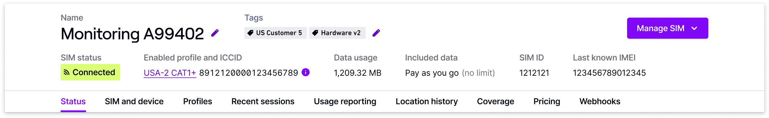 SIM details page header