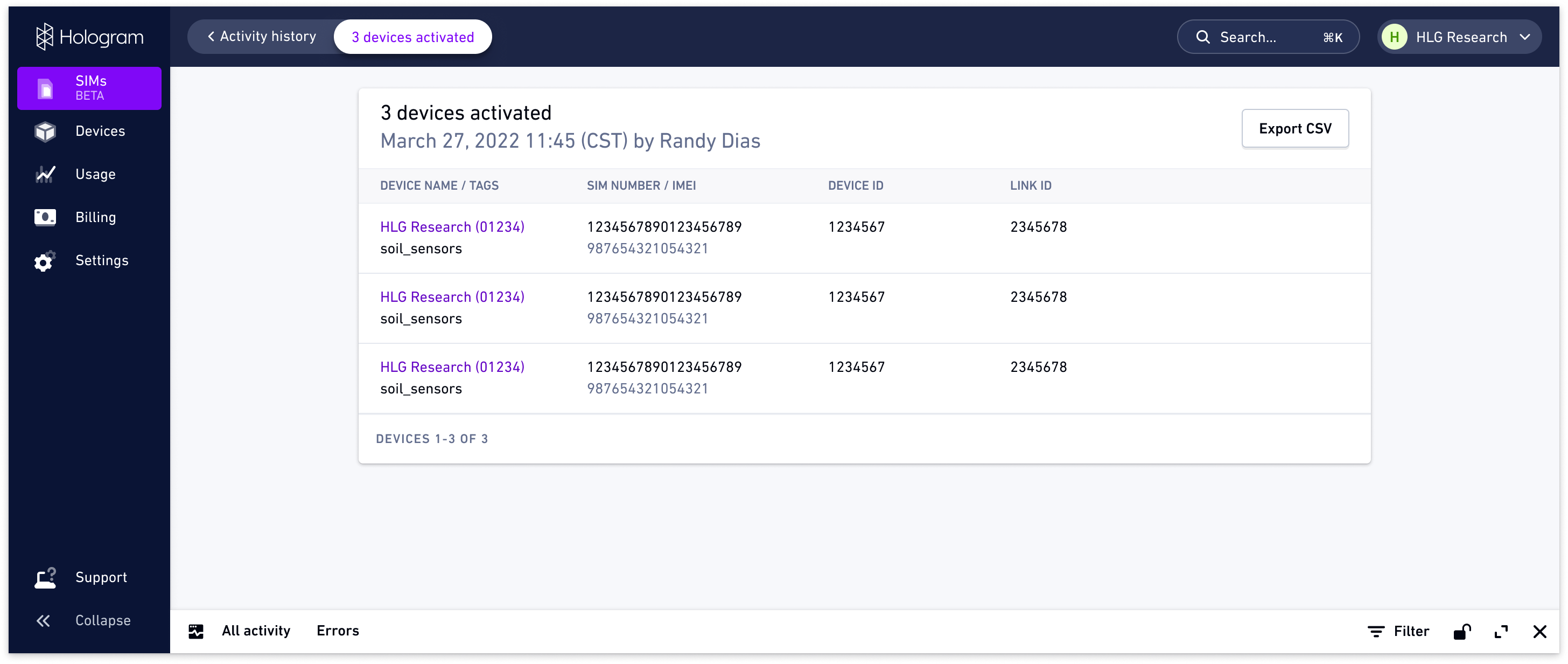 Activity history details page
