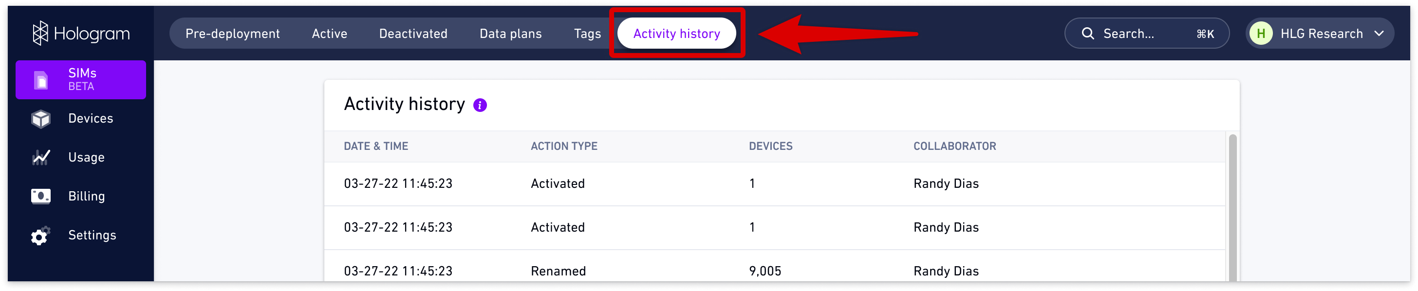 Activity history page
