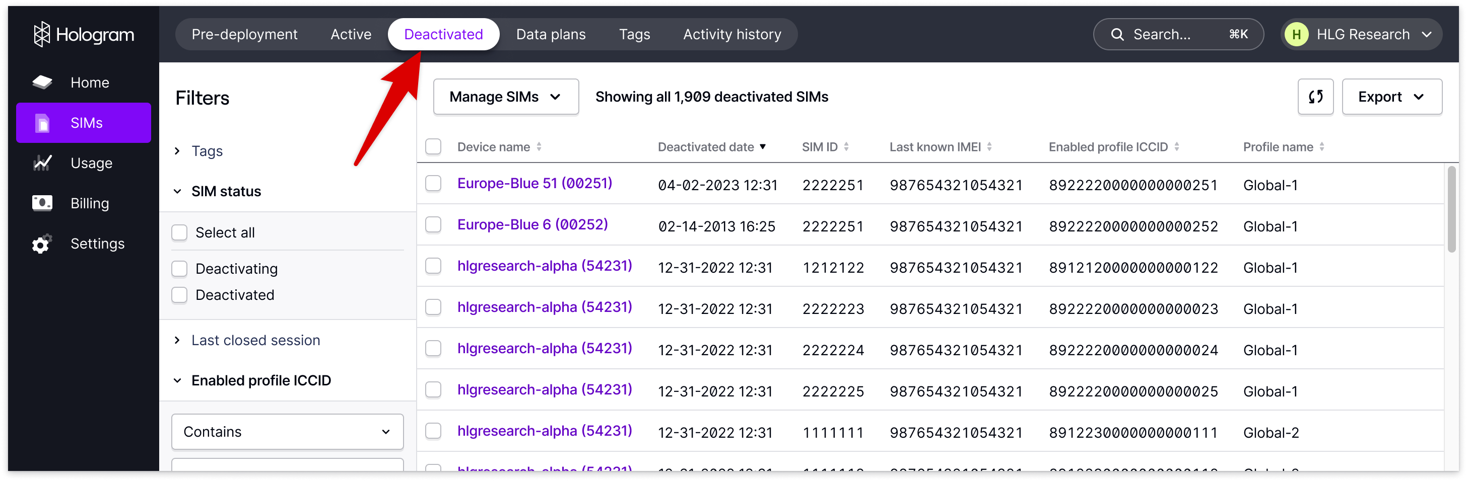 Deactivated SIMs page