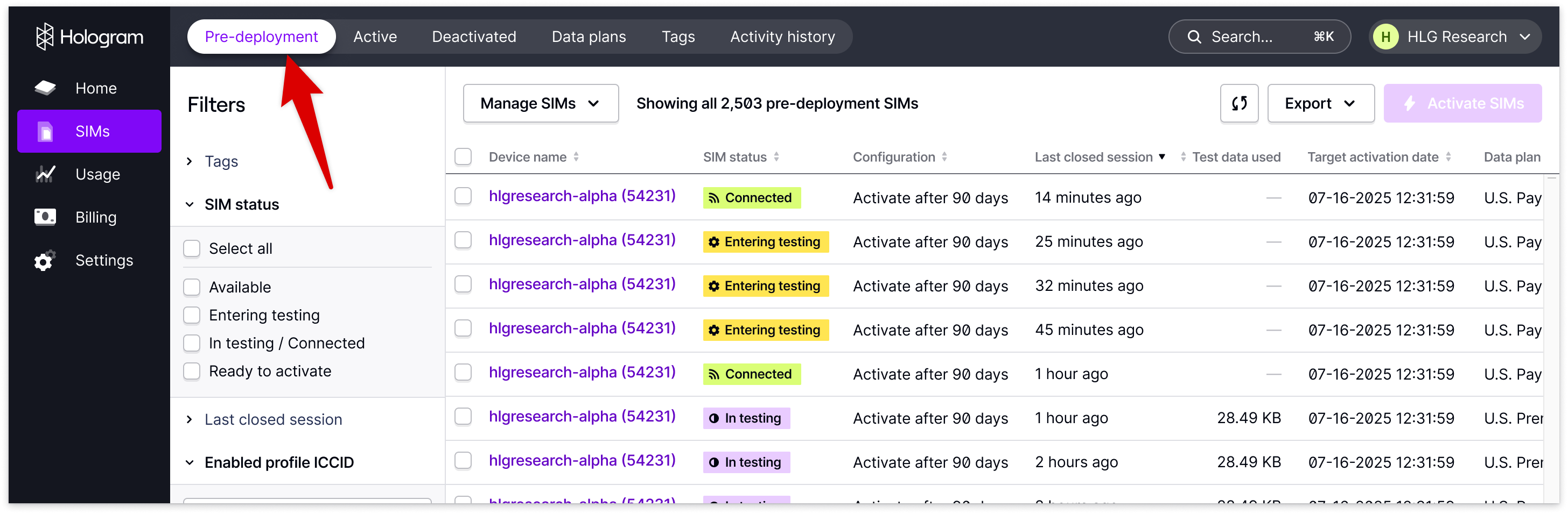 Pre-deployment SIMs page showing SIMs in pre-deployment testing