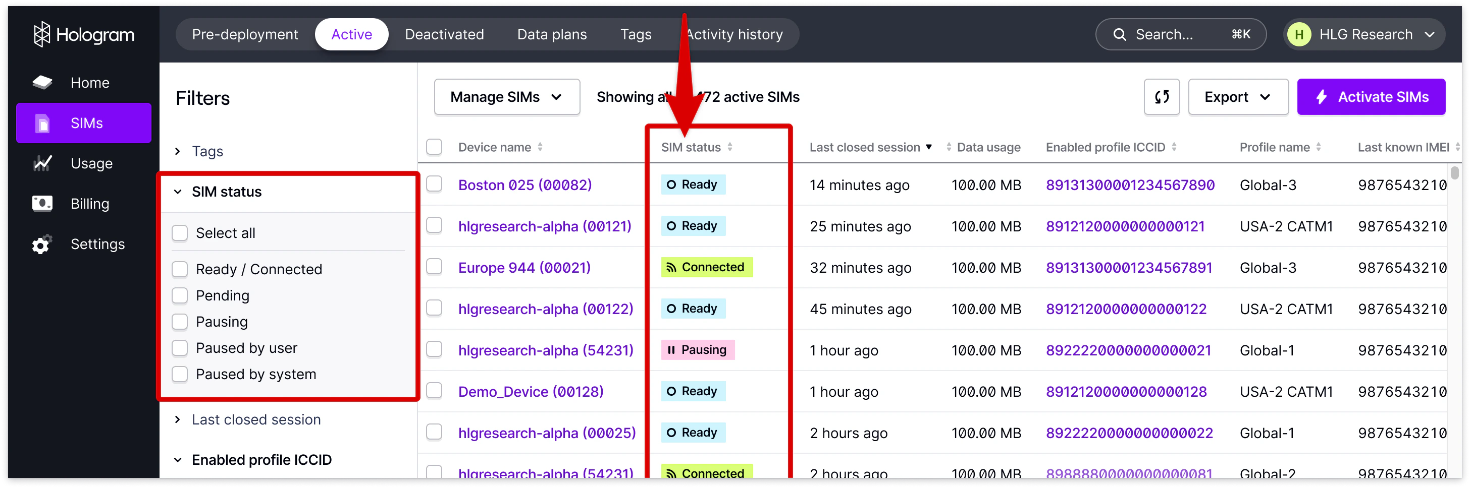 SIM status column showing different status indicators with filter panel on left