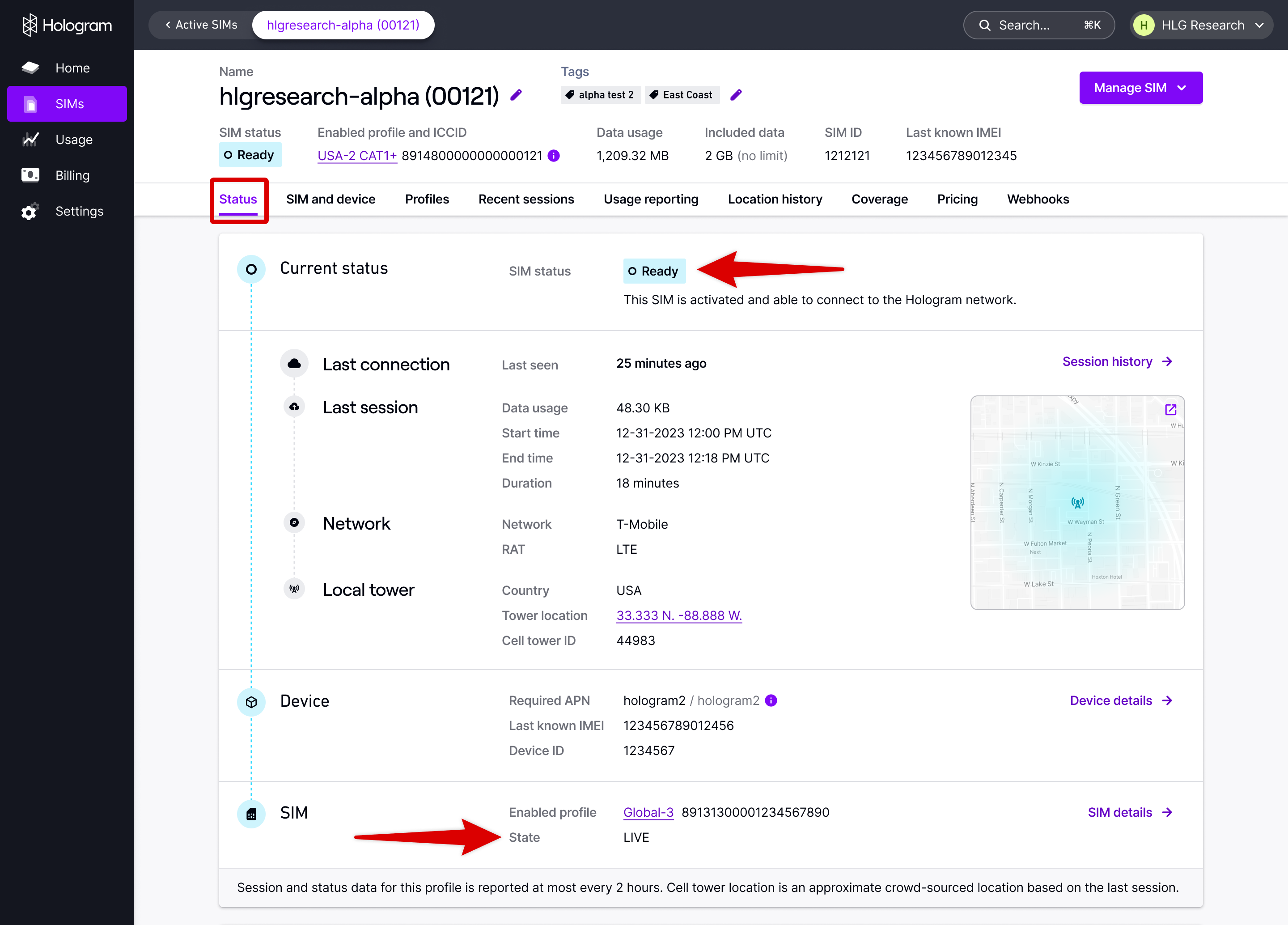 SIM details page showing status tab with profile state information