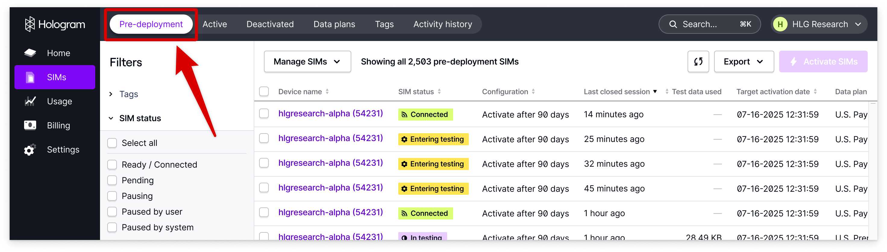 Pre-deployment page in dashboard showing SIMs in Test Mode
