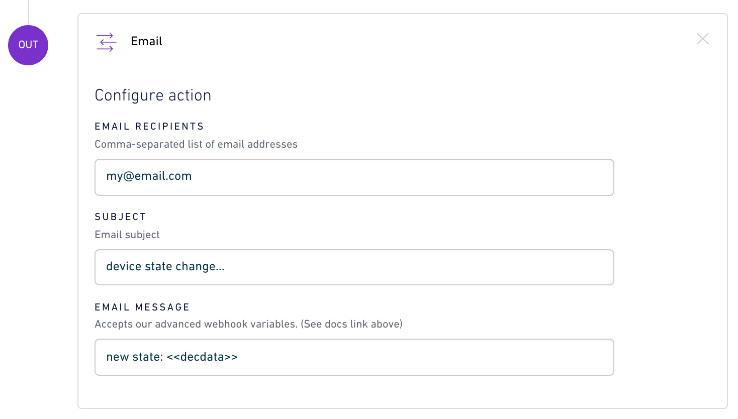 Email action with decoded data variable