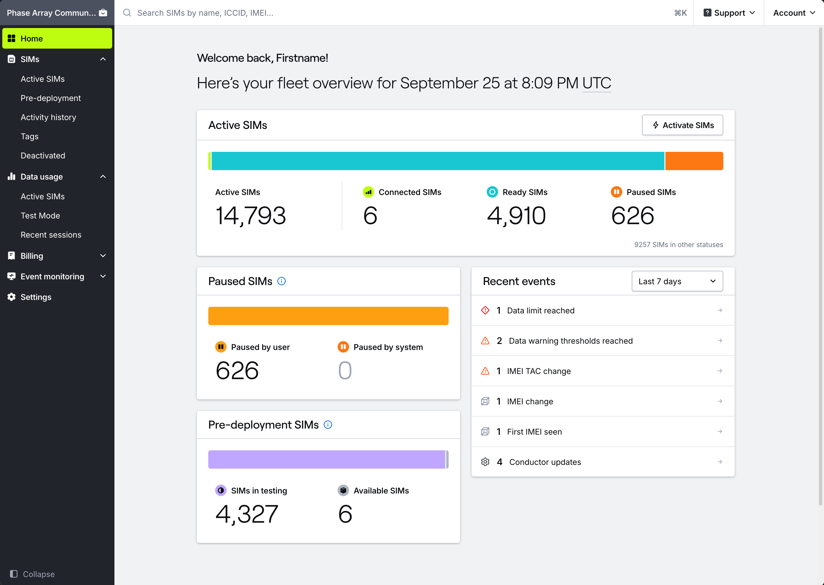 Dashboard home page showing fleet overview with status counts and charts