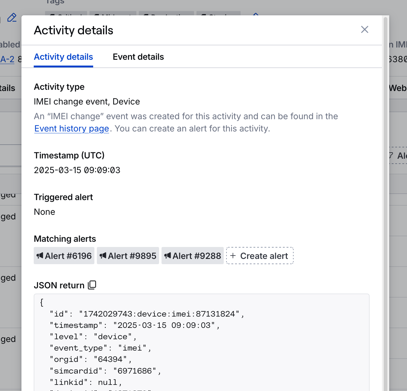 SIM History tab activity details modal