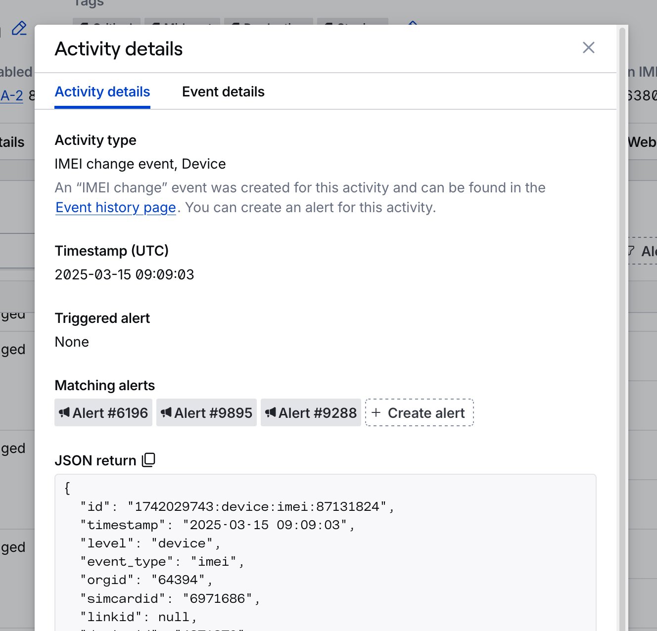 SIM History tab activity details modal